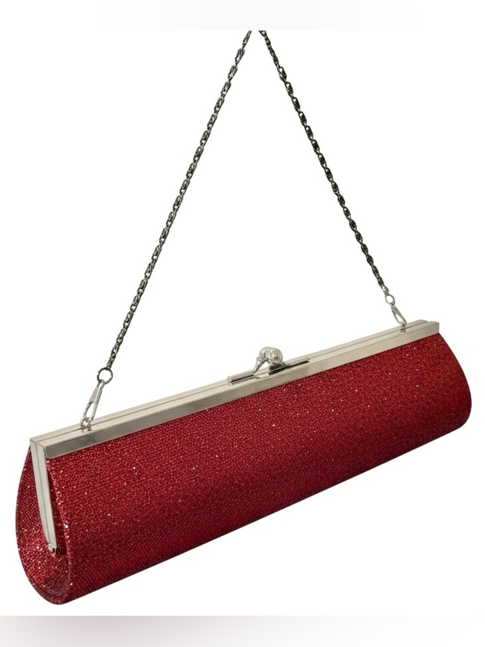 Crystal Rhinestone Clutch Deep Red Silver Frame Evening Bag Chain Strap Formal
